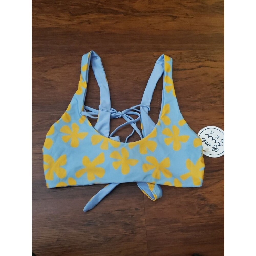 Of One Sea Girls Blue Yellow Floral Tie-Back Swim Bikini Top Size M New